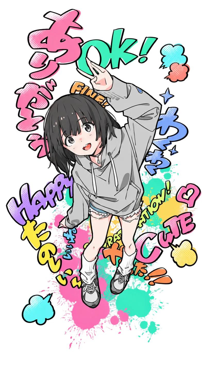 Kana, the character you talk with in HiKana, smiling and waving in a gray hoodie, surrounded by colorful lettering