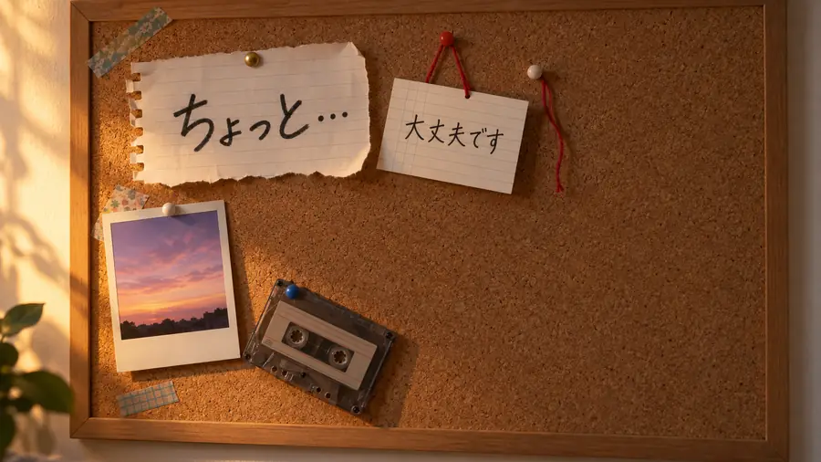 A cork board with two hand-written notes: ちょっと… trailing off, and 大丈夫です