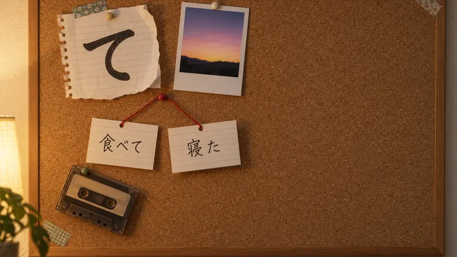 Kana at her window at dawn, a glowing て linking two actions