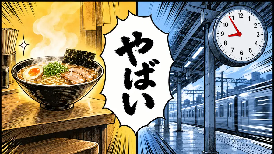 A manga panel: a speech bubble with やばい between a glowing bowl of ramen and a station clock at 8:55, with a train rushing past.